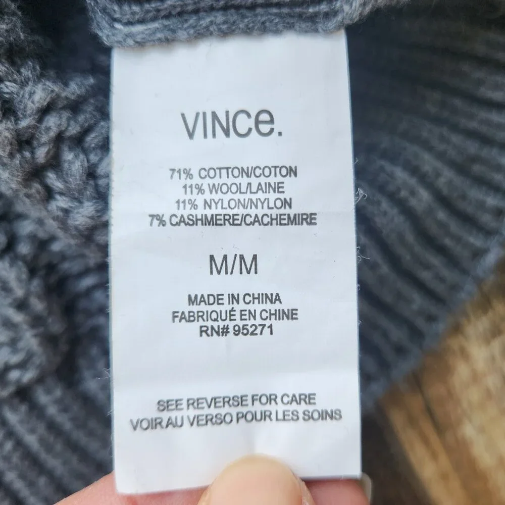 VINCE Cable-Knit Zip-Up Poncho Cape Sweater Side-Zipper Cotton Wool Cashmere